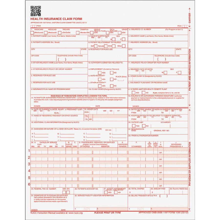 TOPS CMS-15000 Health Insurance Claim Forms - 20 lb - 11" x 8.50" Sheet Size - White Sheet(s) - Red Print Color - 250 / Pack. Picture 2