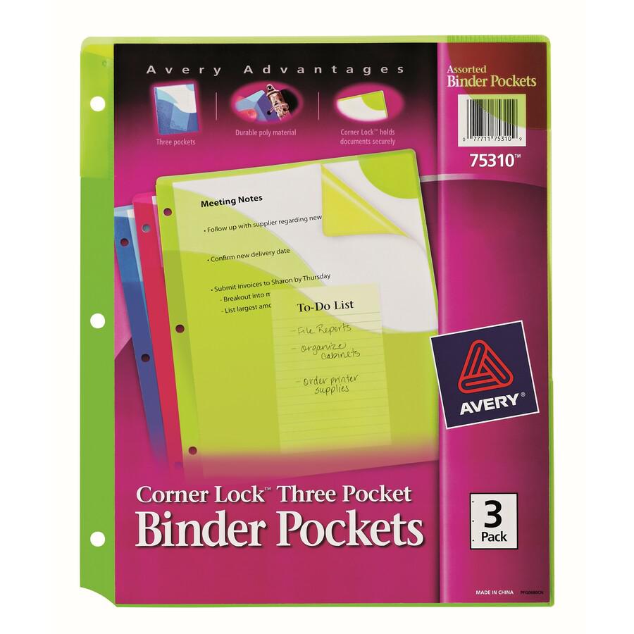Avery&reg; Corner Lock Binder Pockets - 20 x Page Capacity - For Letter 8 1/2" x 11" Sheet - 3 x Holes - Ring Binder - Rectangular - Blue, Green, Pink - Polypropylene - 3 / Pack. Picture 2