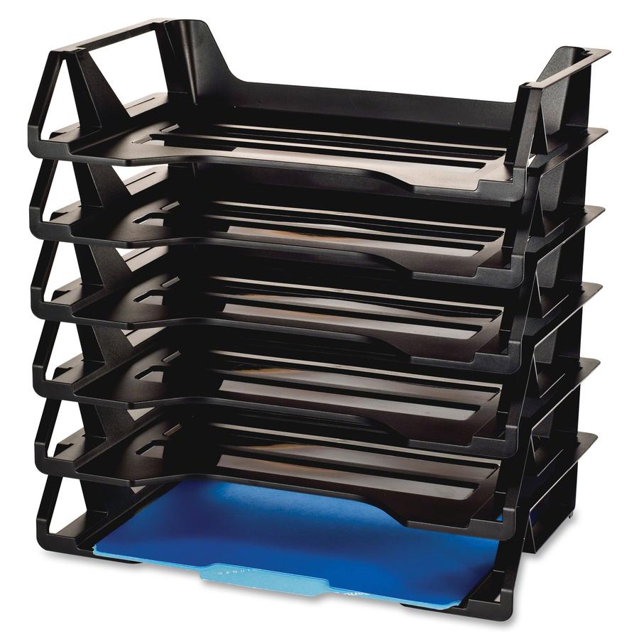 Officemate Achieva Side Loading Letter Trays - 6 Tier(s) - 15" Height x 15.1" Width x 8.9" Depth - Compact, Stackable, Handle, Portable - 30% Recycled - Black - Plastic - 6 / Pack. Picture 6