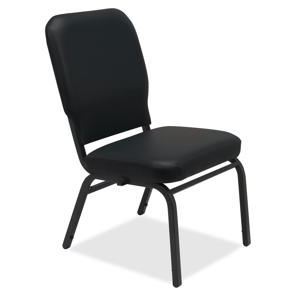 Lorell Vinyl Back/Seat Oversized Stack Chairs - Black Vinyl Seat - Black Vinyl Back - Steel Frame - Four-legged Base - 2 / Carton. Picture 2