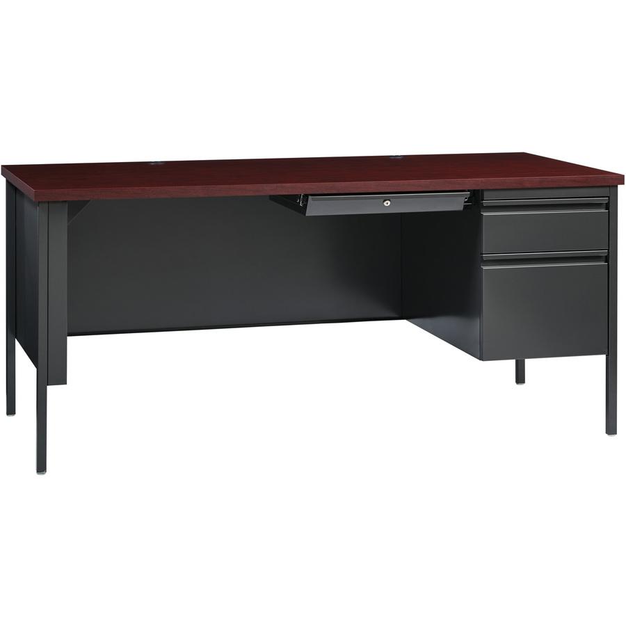 Lorell Fortress Series Right-Pedestal Desk - Rectangle Top - 66" Table Top Width x 30" Table Top Depth x 1.12" Table Top Thickness - 29.50" Height - Assembly Required - Laminated, Mahogany - Steel. Picture 2