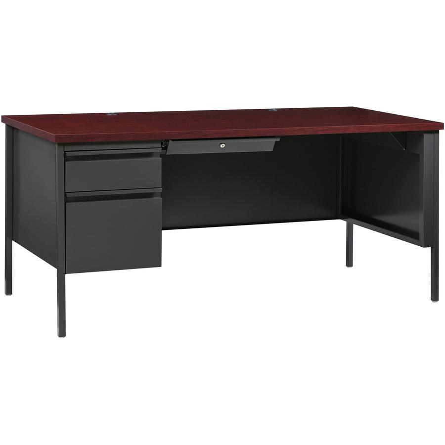 Lorell Fortress Series Left-Pedestal Desk - For - Table TopRectangle Top x 66" Table Top Width x 30" Table Top Depth x 1.12" Table Top Thickness - 29.50" Height - Assembly Required - Laminated, Mahoga. Picture 12