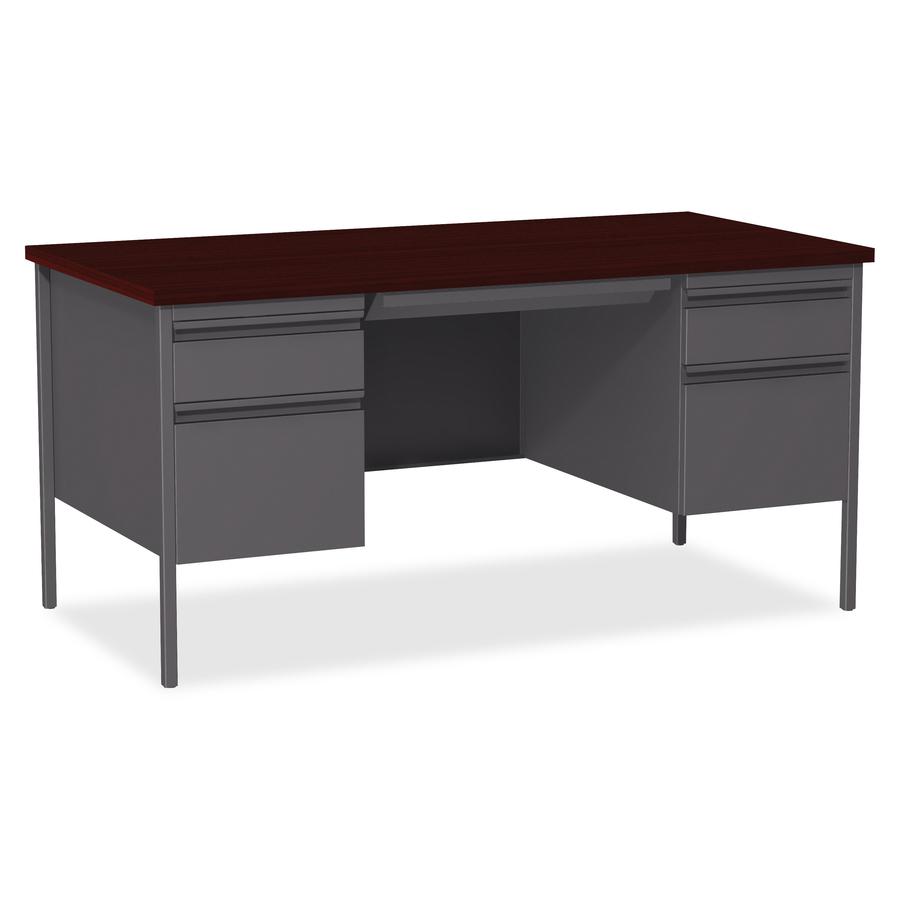 Lorell Fortress Series Double-Pedestal Desk - Rectangle Top - 60" Table Top Width x 30" Table Top Depth x 1.12" Table Top Thickness - 29.50" Height - Assembly Required - Laminated, Mahogany - Steel. Picture 3