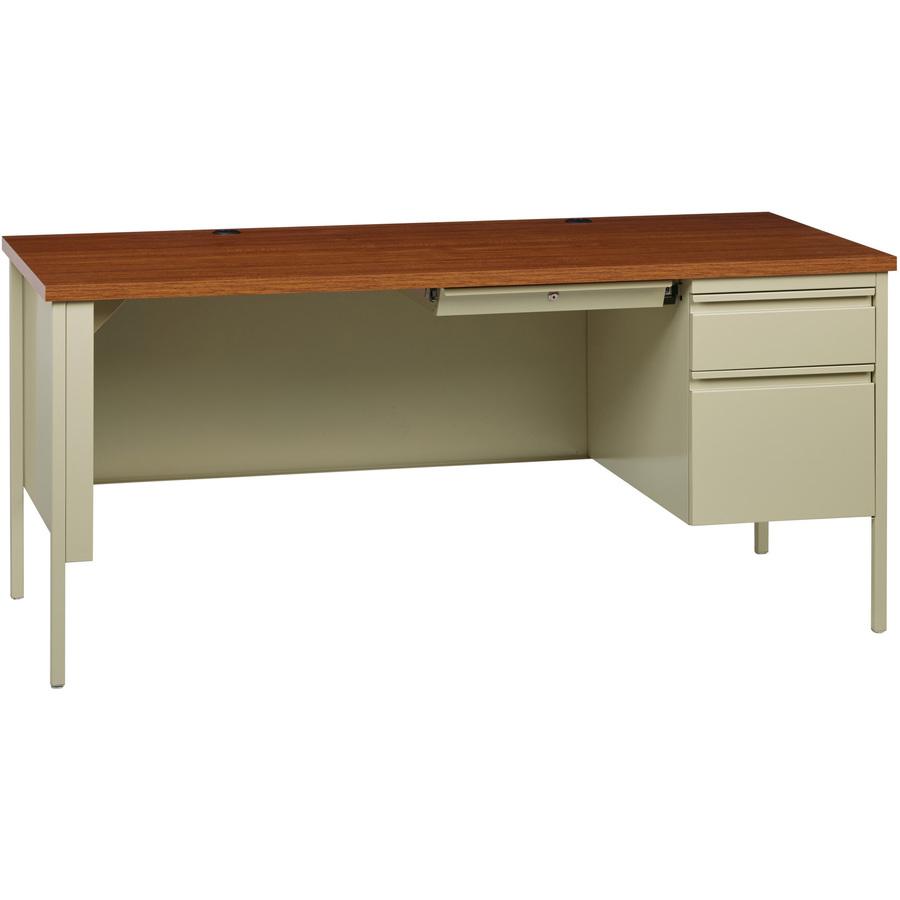 Lorell Fortress Series 66" Right-Pedestal Desk - Oak Laminate Rectangle Top - 30" Table Top Length x 66" Table Top Width x 1.13" Table Top Thickness - 29.50" Height - Assembly Required - Oak, Putty - . Picture 7