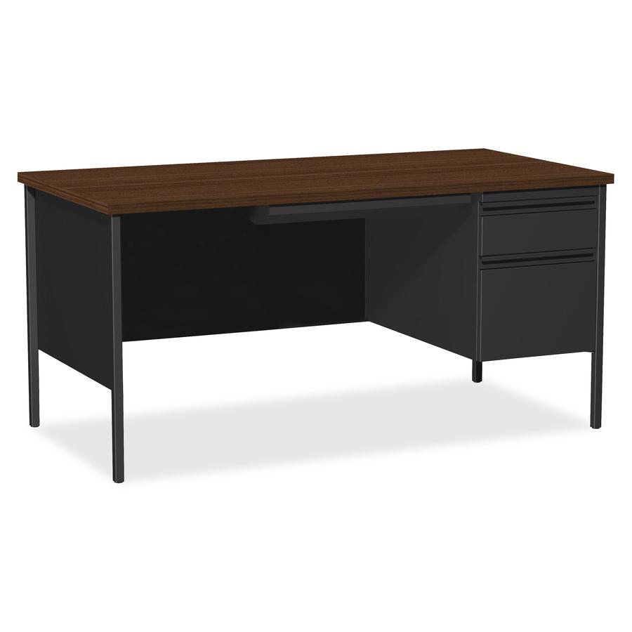 Lorell Fortress Series 66" Right-Pedestal Desk - Laminated Rectangle, Walnut Top - 30" Table Top Length x 66" Table Top Width x 1.13" Table Top Thickness - 29.50" Height - Assembly Required - Black Wa. Picture 14