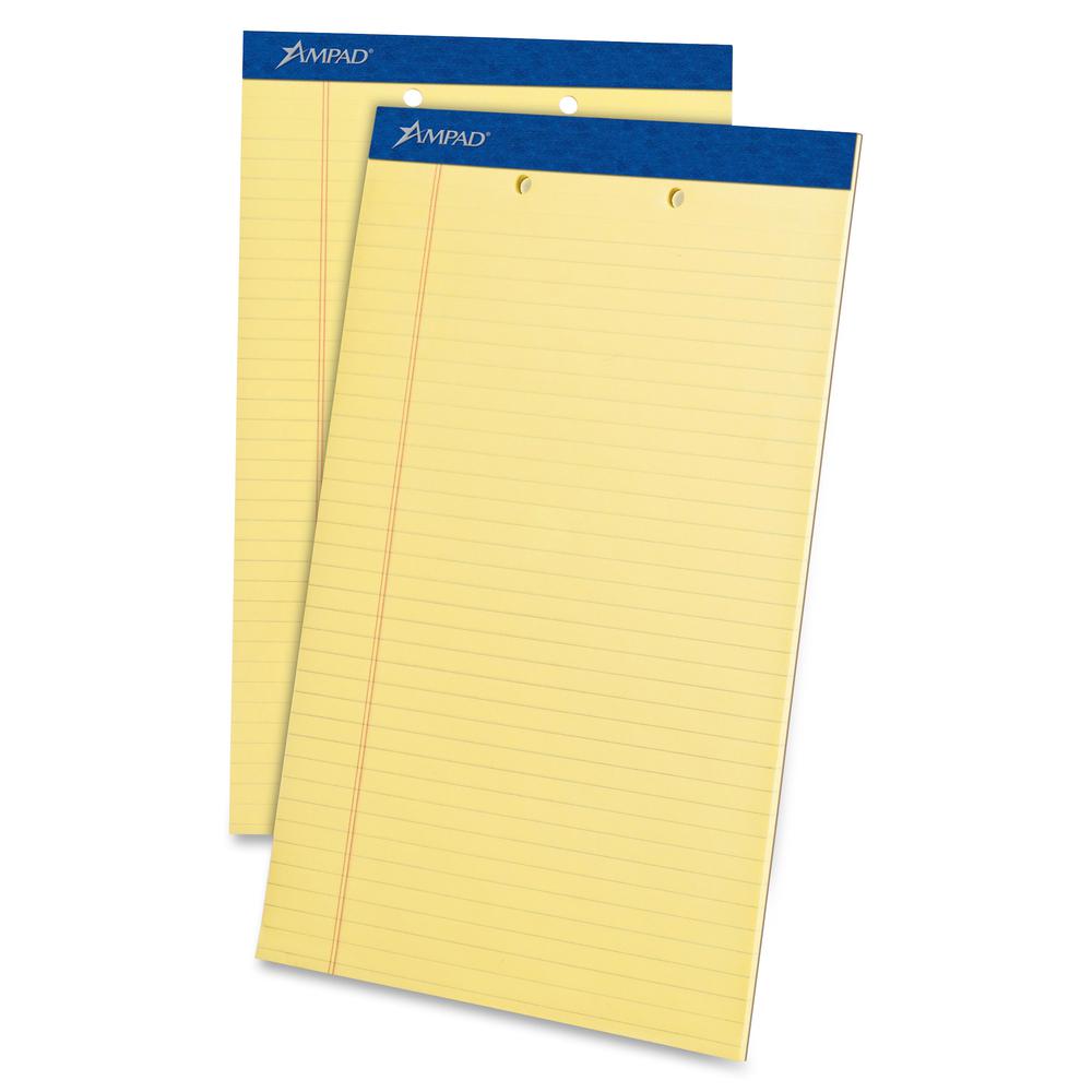 Ampad Writing Pad - 50 Sheets - Stapled - 0.34" Ruled - 2 Hole(s) - 15 lb Basis Weight - Legal - 8 1/2" x 14" - Canary Yellow Paper - Dark Blue Binding - Perforated, Sturdy Back, Chipboard Backing, Te. Picture 2