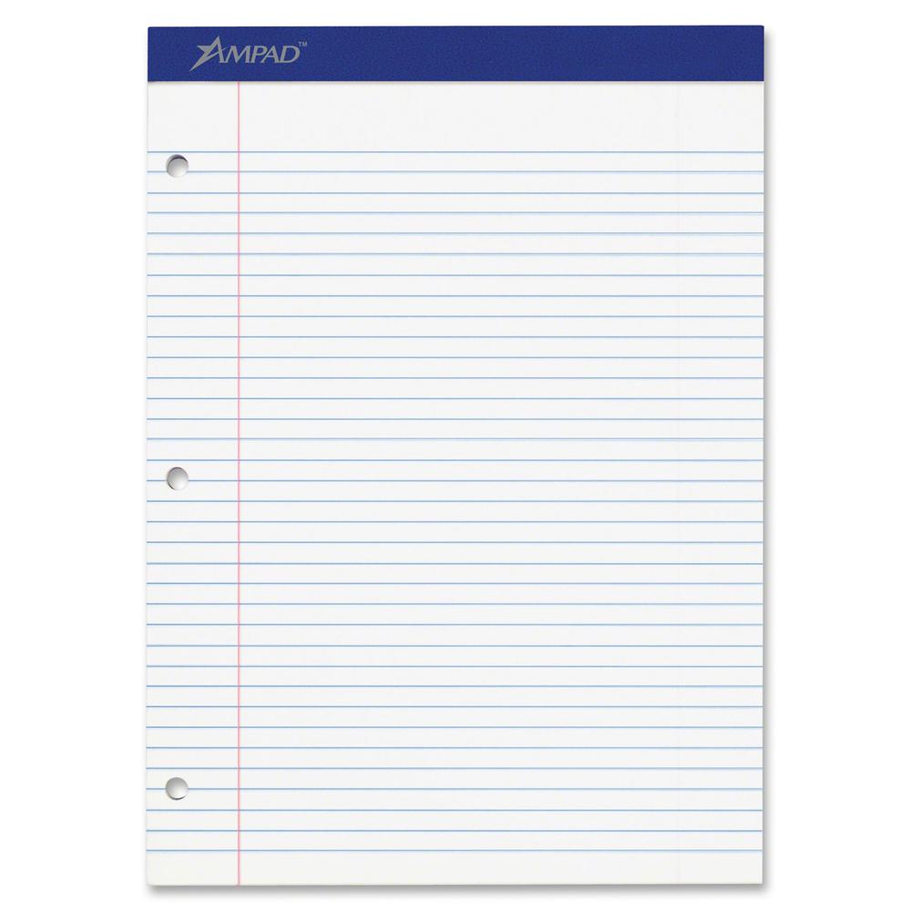 Ampad Perforated 3 Hole Punched Ruled Double Sheet Pads - Letter - 100 Sheets - Stapled - Both Side Ruling Surface - 0.28" Ruled - 15 lb Basis Weight - 8 1/2" x 11"8.5"11.8" - White Paper - White Cove. Picture 2