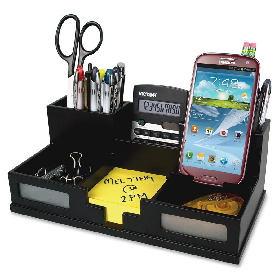 Victor 9525-5 Midnight Black Desk Organizer with Smart Phone Holder&trade; - 6 Compartment(s) - 4.0" Height x 5.5" Width x 10.4" Depth - Black - Frosted Glass, Wood, Rubber - 1Each. Picture 2