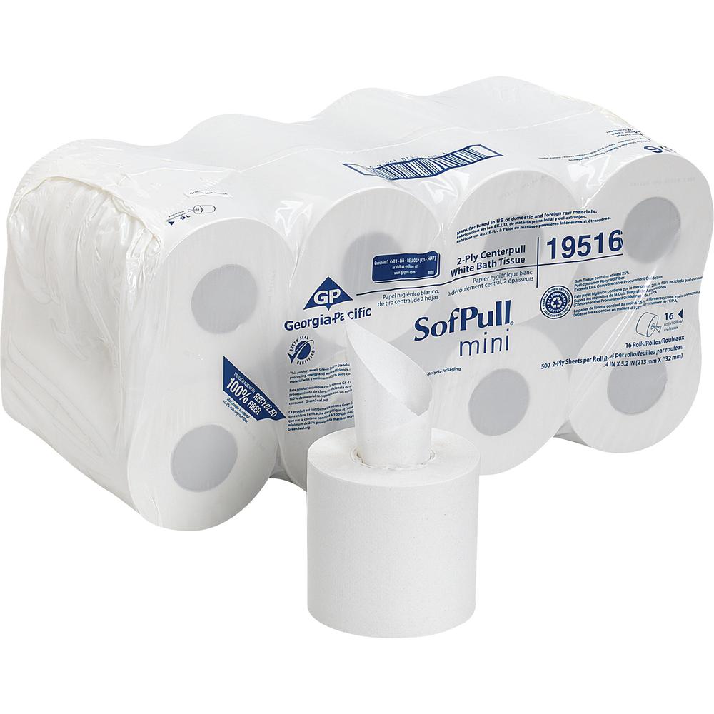 SofPull Centerpull Mini Toilet Paper - 2 Ply - 5.25" x 8.50" - 500 Sheets/Roll - White - Fiber - 16 Rolls Per Carton - 16 / Carton. Picture 4