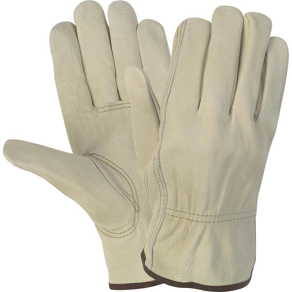 MCR Safety Durable Cowhide Leather Work Gloves - Medium Size - Cream - Durable, Comfortable, Flexible - For Construction - 2 / Pair. Picture 2