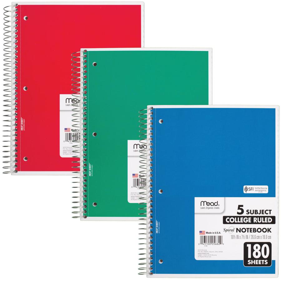 Mead 5-subject Spiral Notebook - 180 Sheets - Wire Bound - College Ruled - 7 1/2" x 10 1/2" - White Paper - Blue, Green, Red Cover - Divider, Compact, Subject - 1 Each. Picture 2