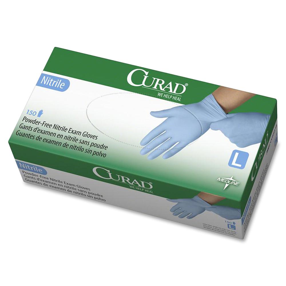 Curad Powder-free Nitrile Disposable Exam Gloves - Large Size - Full-Textured Design - Blue - Powder-free, Disposable, Latex-free, Beaded Cuff, Non-sterile, Chemical Resistant - For Medical - 150 / Bo. Picture 2