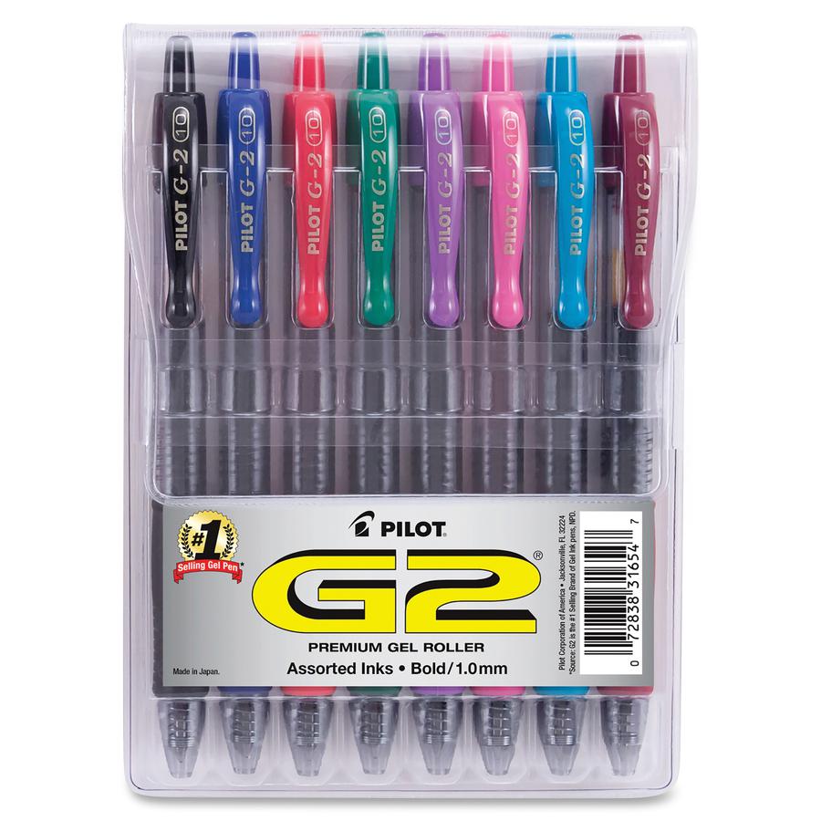 Pilot G2 8-pack Bold Gel Roller Pens - Bold Pen Point - 1 mm Pen Point Size - Retractable - Black, Blue, Burgundy, Green, Pink, Purple, Red, Teal Gel-based Ink - Clear Barrel - 8 / Pack. Picture 2