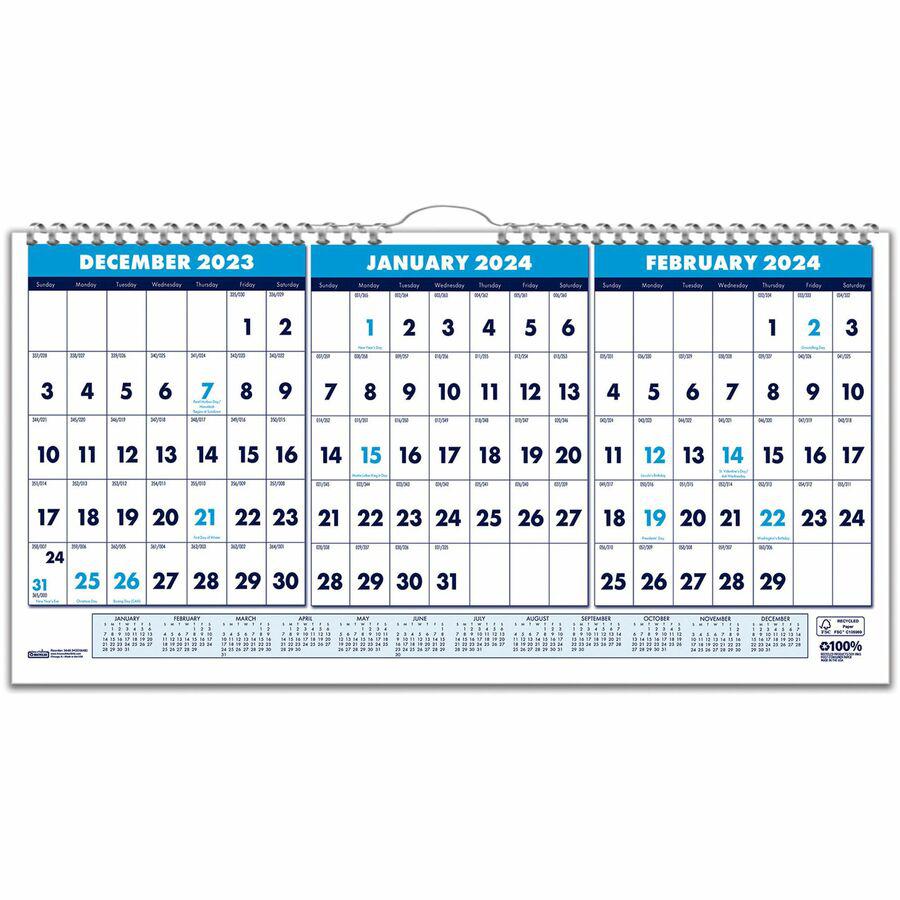 House of Doolittle 3-month Horizontal Wall Calendar - Julian Dates - Monthly - 14 Month - December 2023 - January 2025 - 12" x 23 1/2" Sheet Size - 1.63" x 1.38" Block - Wire Bound - Multi - 12" Heigh. Picture 2