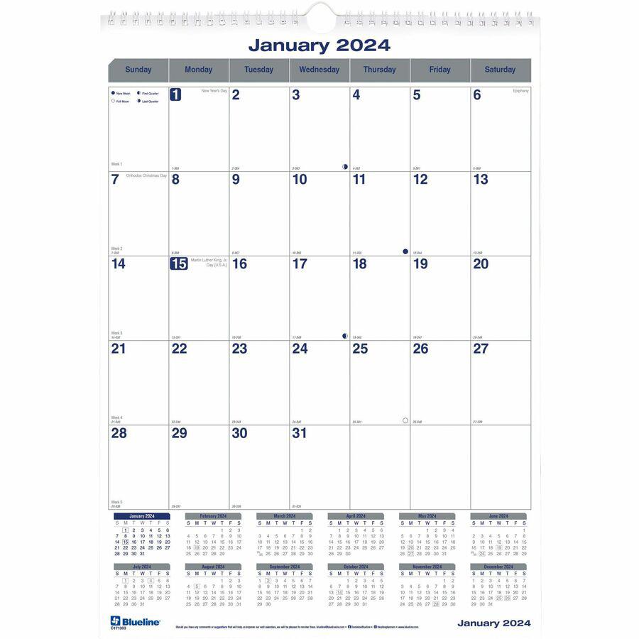 Blueline Net Zero Carbon Wall Calendar - Julian Dates - Monthly - 12 Month - January 2024 - December 2024 - 1 Month Single Page Layout - 12" x 17" White Sheet - Twin Wire - White - Chipboard - Black C. Picture 7