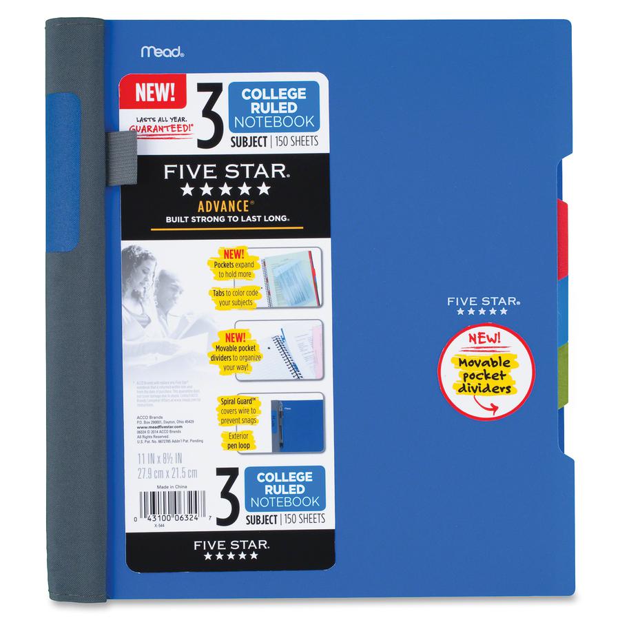 Mead College Ruled Subject Notebooks - 150 Pages - Spiral - 11" x 10.1" - AssortedPlastic Cover - Tab, Divider, Durable, Subject, Snag Resistant, Expandable Pocket, Pen Loop - 1 Each. Picture 3