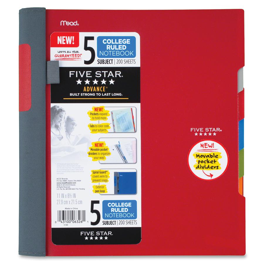 Mead College Ruled Subject Notebooks - 200 Pages - Spiral - 11" x 10.2" - AssortedPlastic Cover - Tab, Divider, Durable, Subject, Snag Resistant, Expandable Pocket, Pen Loop - 1 Each. Picture 5
