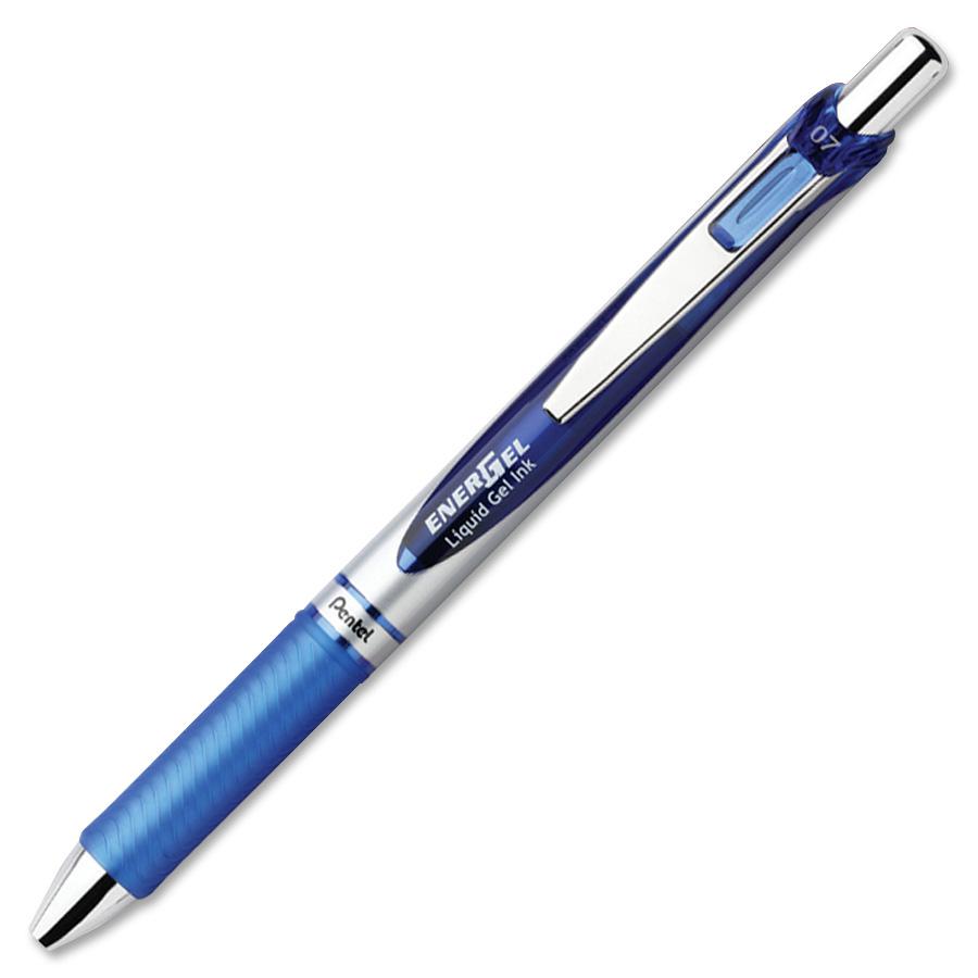 EnerGel EnerGel RTX Liquid Gel Pens - Medium Pen Point - 0.7 mm Pen Point Size - Refillable - Retractable - Blue Gel-based Ink - Silver Barrel - Metal Tip - 1 Dozen. Picture 2