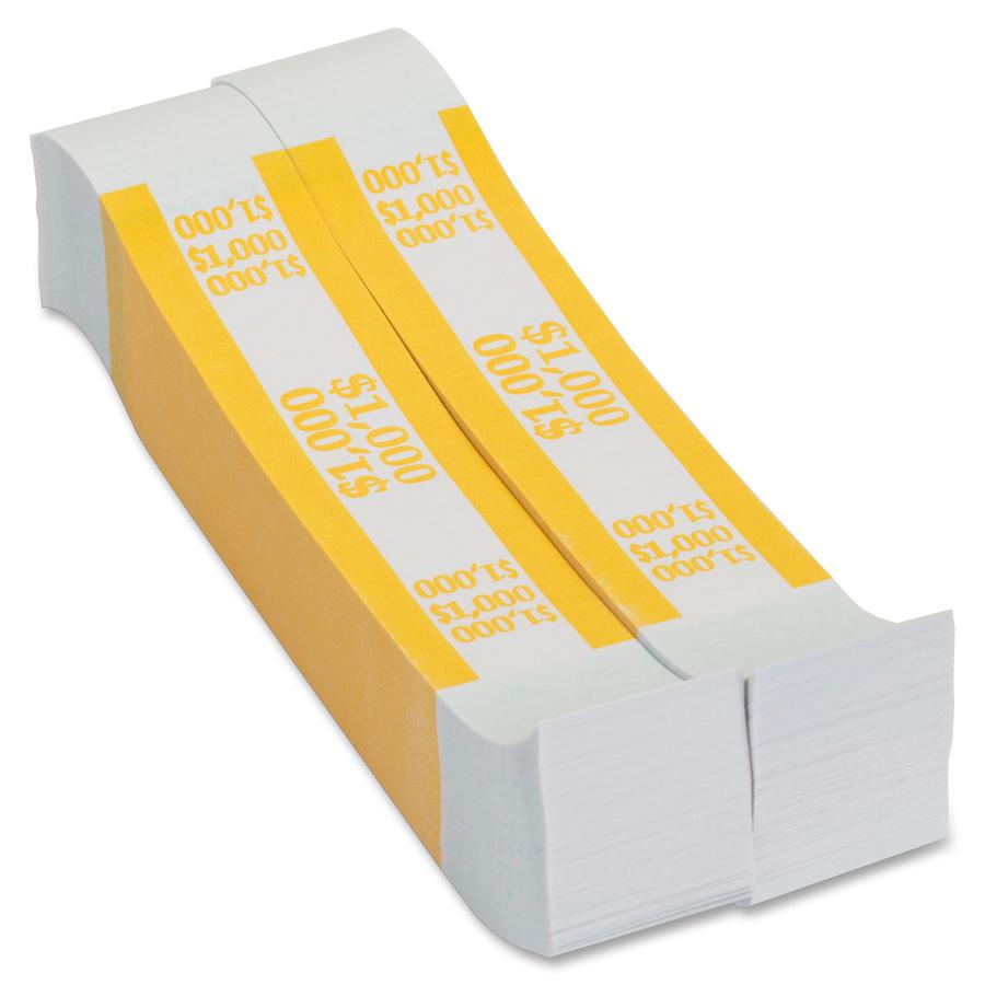 PAP-R Currency Straps - 1.25" Width - Total $1,000 in $10 Denomination - Self-sealing, Self-adhesive, Durable - 20 lb Basis Weight - Kraft - White, Yellow - 1000 / Pack. Picture 4