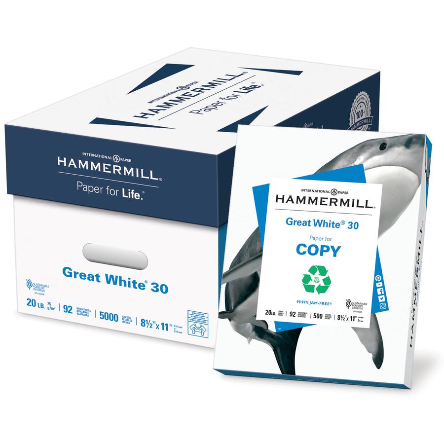 Hammermill Great White Recycled Copy Paper - White - 92 Brightness - Letter - 8 1/2" x 11" - 20 lb Basis Weight - 400 / Pallet - FSC - Acid-free, Archival-safe, Jam-free - White. Picture 2