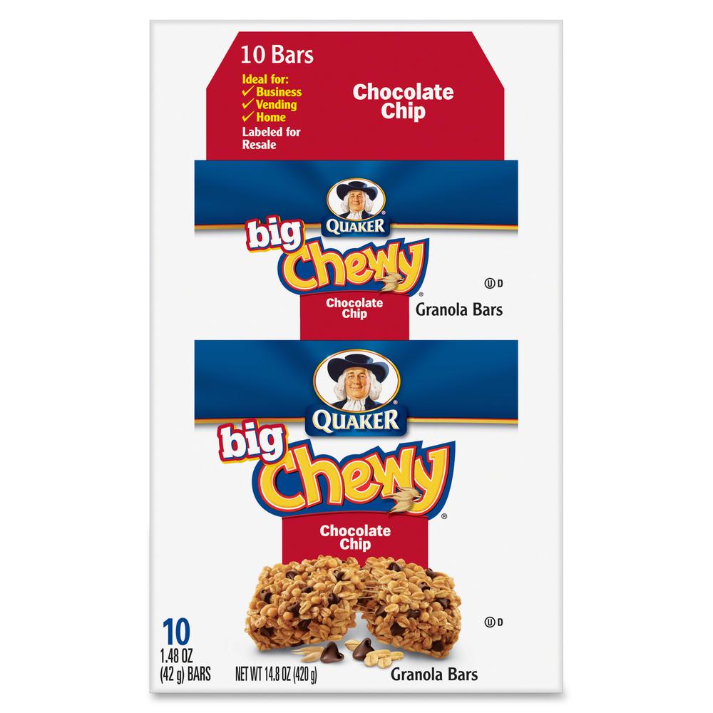 Quaker Oats Chocolate Chip Big Chewy Granola Bar - Individually Wrapped - Chocolate Chip - Box - 1.48 oz - 10 / Box. Picture 2