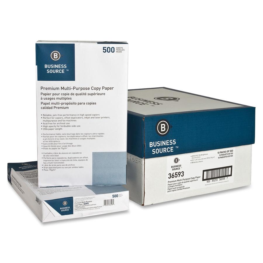 Business Source Premium Multipurpose Copy Paper - 92 Brightness - Legal - 8 1/2" x 14" - 20 lb Basis Weight - 150000 / Pallet - White. Picture 3
