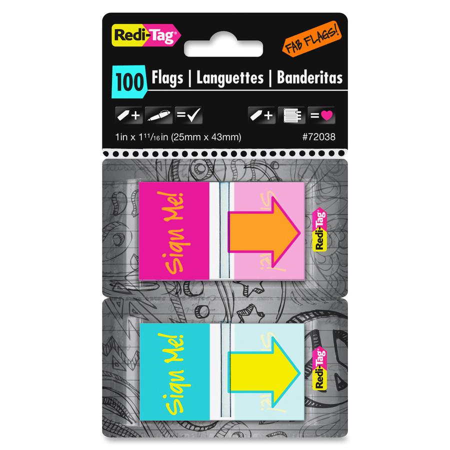 Redi-Tag Self-adhesive Fab Flags - 1" x 1 11/16" - Rectangle - "Sign Me!" - Magenta, Orange, Yellow, Teal - Self-adhesive, Repositionable, Removable, Residue-free, Writable, Reusable - 100 / Pack. Picture 2
