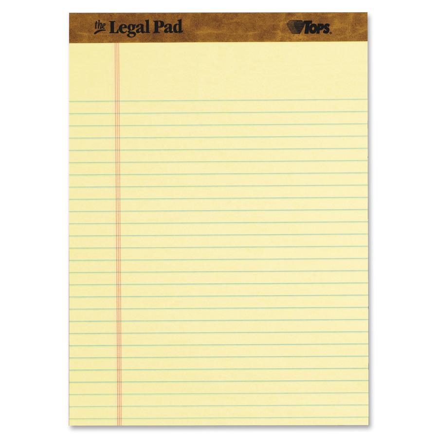 TOPS Legal Ruled Writing Pads - 50 Sheets - Stitched - Legal Ruled - 0.34" Ruled - Ruled Margin - 16 lb Basis Weight - 8 1/2" x 11 3/4" - 0.60" x 11.8" x 8.5" - Canary Paper - Perforated, Chipboard Ba. Picture 2