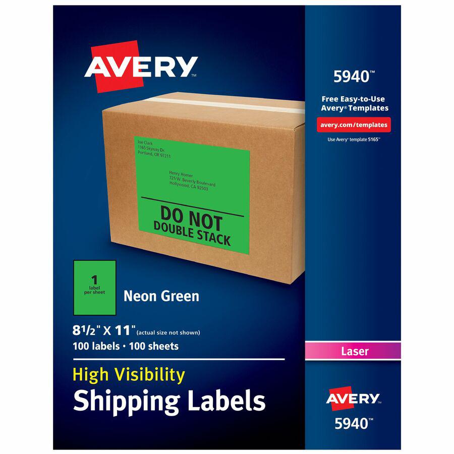 Avery&reg; Neon Shipping Labels, 8-1/2" x 11" , 100 Labels (5940) - 8 1/2" Width x 11" Length - Permanent Adhesive - Rectangle - Laser - Neon Green - Paper - 1 / Sheet - 100 Total Sheets - 100 Total L. Picture 3