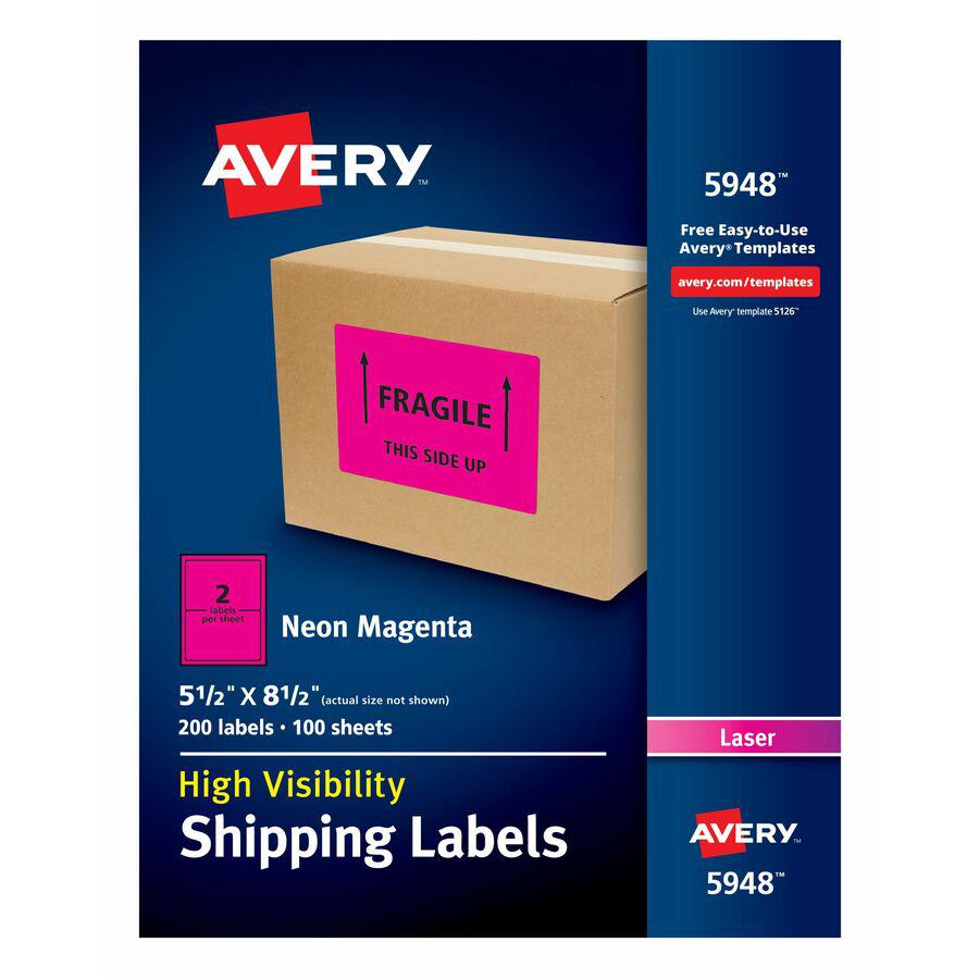 Avery&reg; Neon Shipping Labels, 5-1/2" x 8-1/2" , 200 Labels (5948) - 5 1/2" Width x 8 1/2" Length - Permanent Adhesive - Rectangle - Laser - Neon Magenta - Paper - 2 / Sheet - 100 Total Sheets - 200. Picture 3