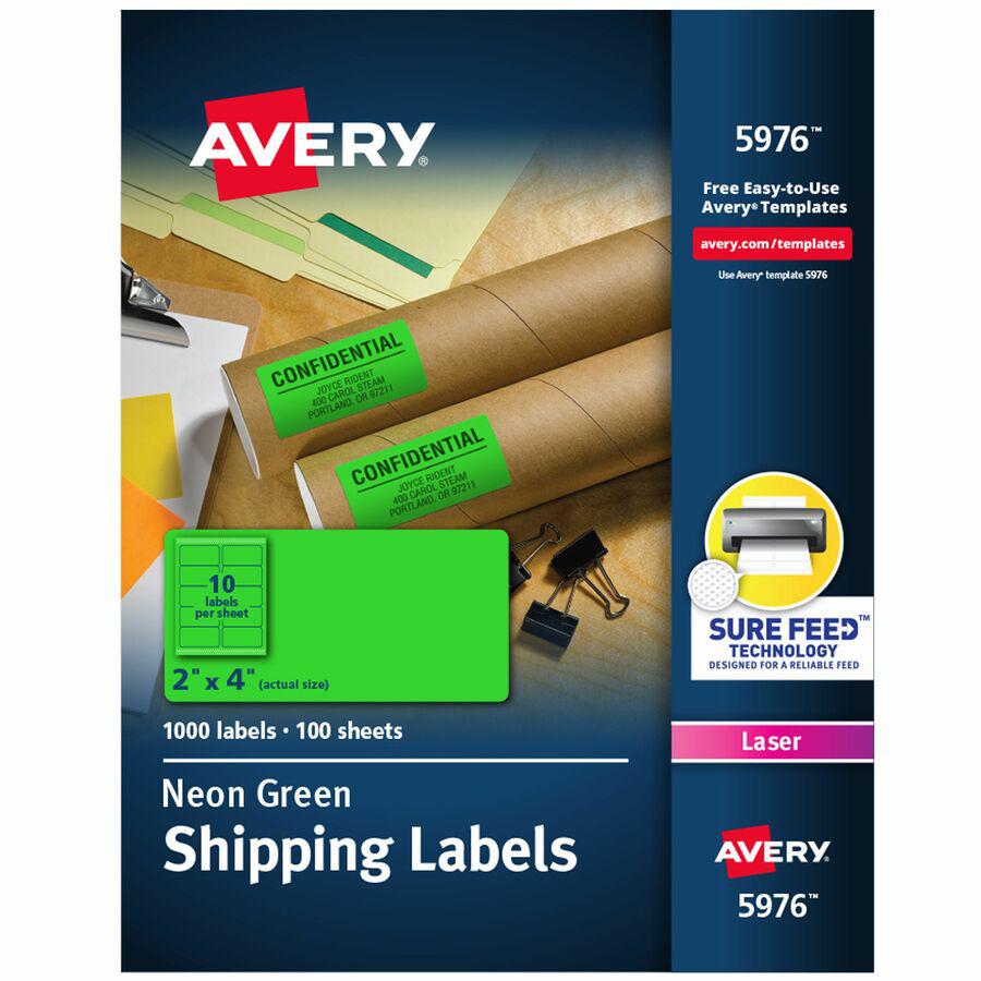 Avery&reg; 2"x 4" Neon Shipping Labels with Sure Feed, 1,000 Labels (5976) - 2" Width x 4" Length - Permanent Adhesive - Rectangle - Laser - Neon Green - Paper - 10 / Sheet - 100 Total Sheets - 1000 T. Picture 3