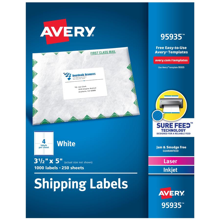 Avery&reg; Shipping Labels, Sure Feed, 3-1/2" x 5" , 1,000 Labels (95935) - 3 1/2" Width x 5" Length - Permanent Adhesive - Rectangle - Laser, Inkjet - White - Paper - 4 / Sheet - 250 Total Sheets - 1. Picture 2