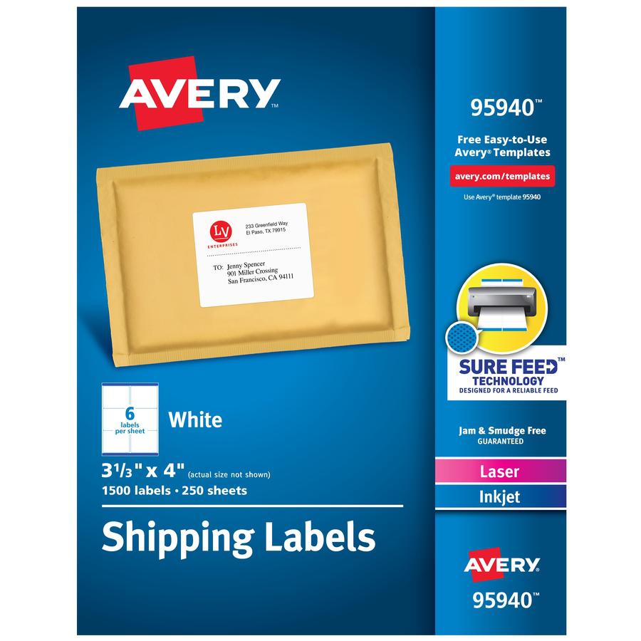 Avery&reg; Shipping Labels, Sure Feed, 3-1/3" x 4" , 1,500 Labels (95940) - 3 21/64" Width x 4" Length - Permanent Adhesive - Rectangle - Laser, Inkjet - Bright White - Paper - 6 / Sheet - 250 Total S. Picture 3