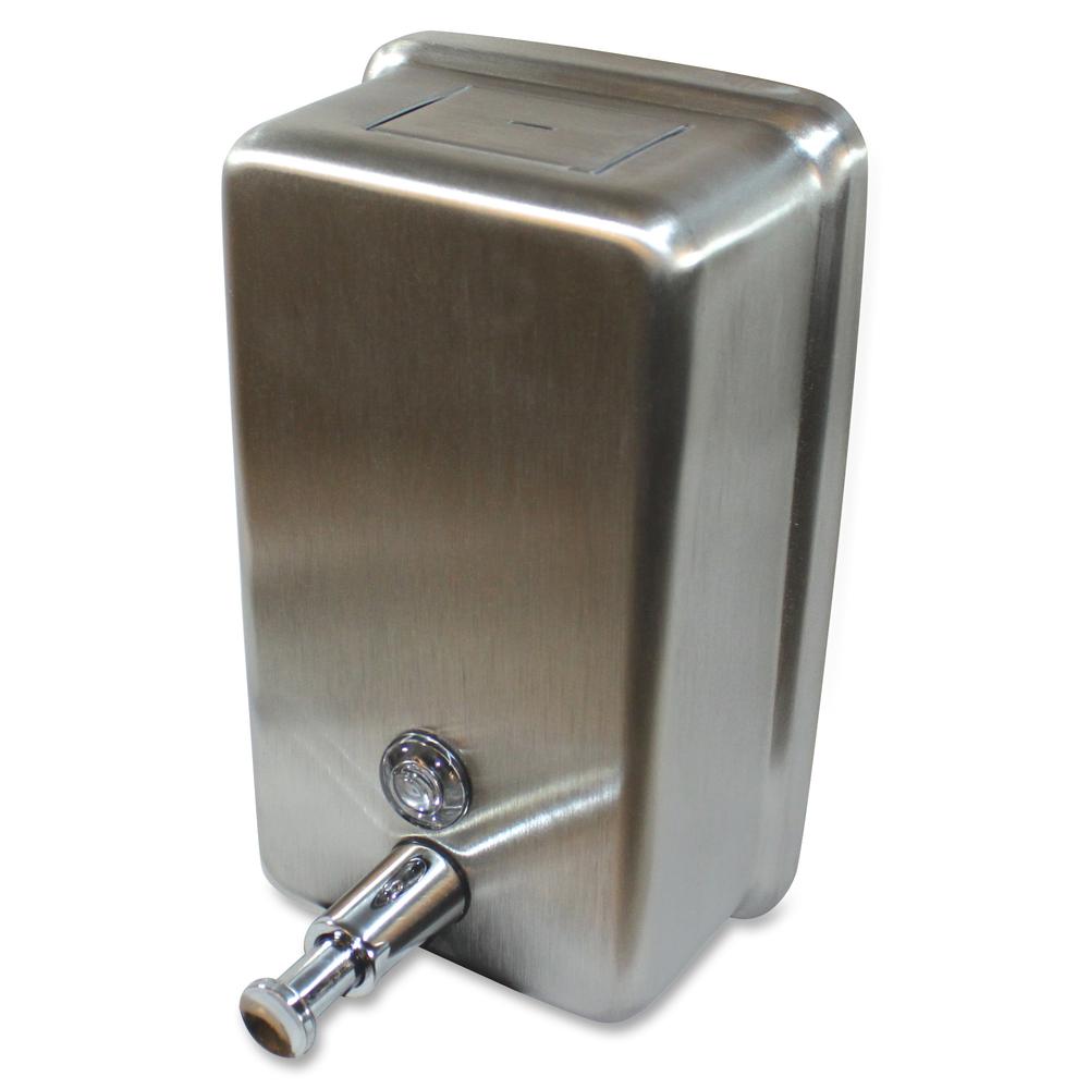 Genuine Joe Stainless Vertical Soap Dispenser - Manual - 1.25 quart Capacity - Tamper Proof, Theft Proof, Refillable - Stainless Steel - 1Each. Picture 2