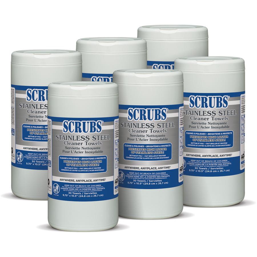 SCRUBS Stainless Steel Cleaner Wipes - For Stainless Steel, Aluminum, Copper, Brass, Chrome - Citrus Scent - 10.50" Length x 9.75" Width - 30 / Canister - 6 / Carton - Corrosion Resistant - Yellow. Picture 4