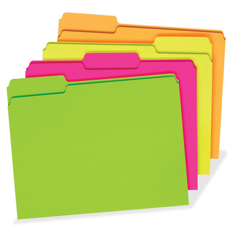 Pendaflex 1/3 Tab Cut Letter Recycled Top Tab File Folder - 8 1/2" x 11" - 150 Sheet Capacity - Top Tab Location - Assorted Position Tab Position - Fluorescent Pink, Fluorescent Orange, Fluorescent Gr. Picture 2