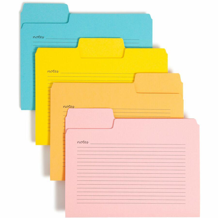 Smead SuperTab 1/3 Tab Cut Letter Recycled Top Tab File Folder - 8 1/2" x 11" - Top Tab Location - Assorted Position Tab Position - Pink, Yellow, Goldenrod, Aqua - 10% Recycled - 12 / Pack. Picture 4