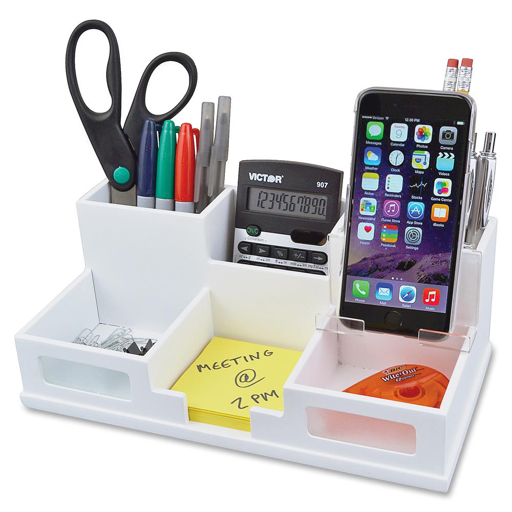 Victor W9525 Pure White Desk Organizer with Smart Phone Holder&trade; - 6 Compartment(s) - 4.0" Height x 5.5" Width x 10.4" Depth - White - Wood, Frosted Glass, Rubber - 1Each. Picture 2