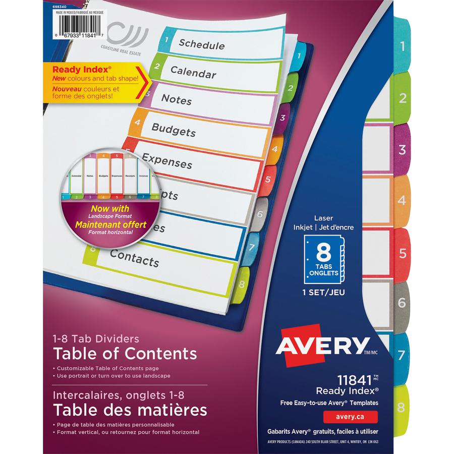 Avery&reg; Ready Index Custom TOC Binder Dividers - 8 x Divider(s) - 1-8, Table of Contents - 8 Tab(s)/Set - 8.5" Divider Width x 11" Divider Length - 3 Hole Punched - White Paper Divider - Multicolor. Picture 2
