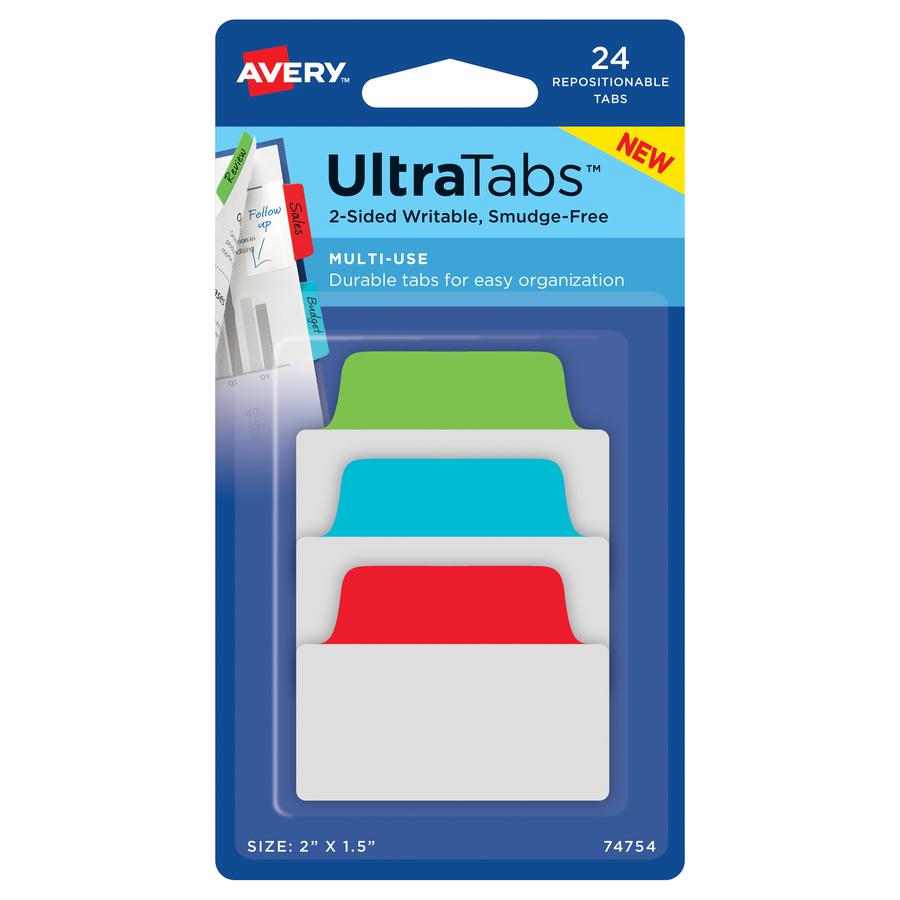 Avery&reg; 2" Multi-use Ultra Tabs - 24 Tab(s) - 1.50" Tab Height x 2" Tab Width - Red Film, Clear Paper, Blue, Green Tab(s) - 24 / Pack. Picture 2