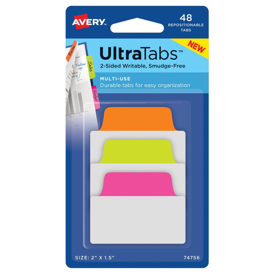 Avery&reg; 2" Multi-use Ultra Tabs - 48 Tab(s) - 1.50" Tab Height x 2" Tab Width - Clear Film, Neon Pink Paper, Neon Green, Neon Orange Tab(s) - 48 / Pack. Picture 2
