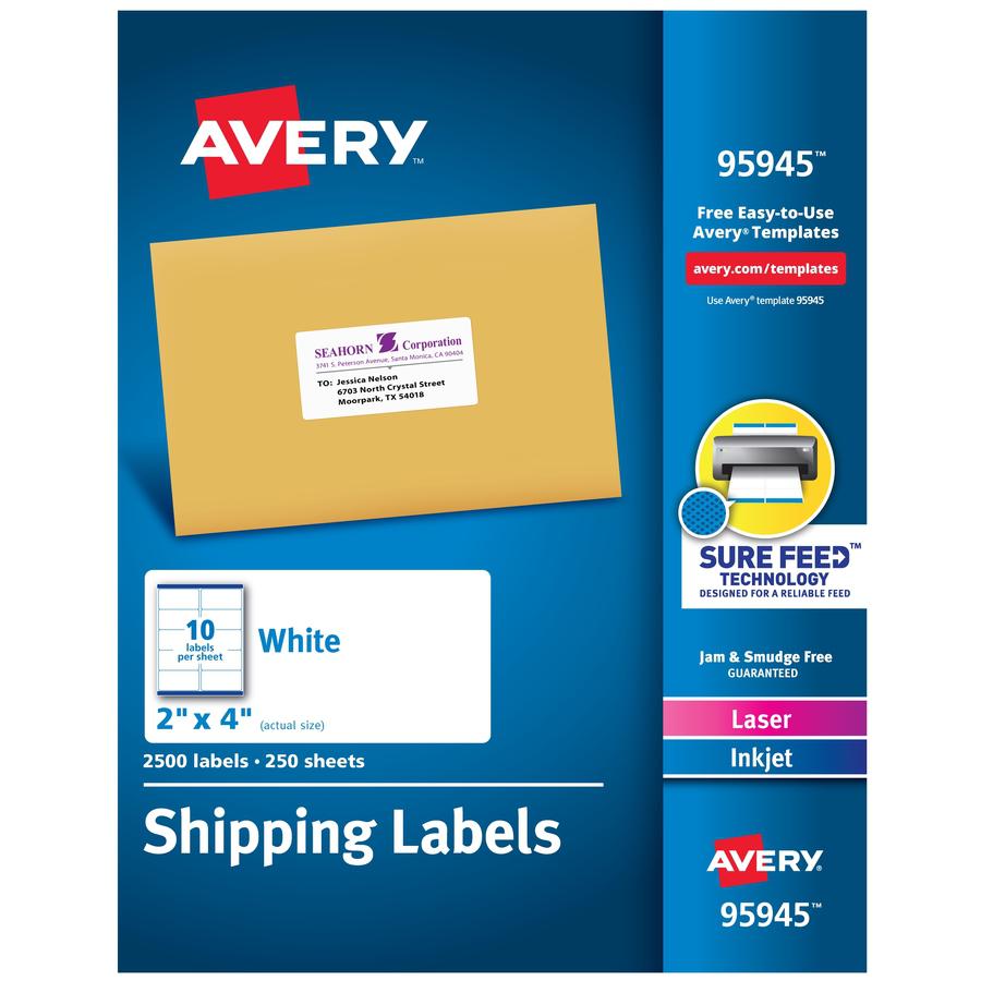 Avery&reg; Shipping Labels, Sure Feed, 2"x4" , 2500 Glossy Labels (95945) - 2" Width x 4" Length - Permanent Adhesive - Rectangle - Laser, Inkjet - White - Paper - 10 / Sheet - 250 Total Sheets - 2500. Picture 2
