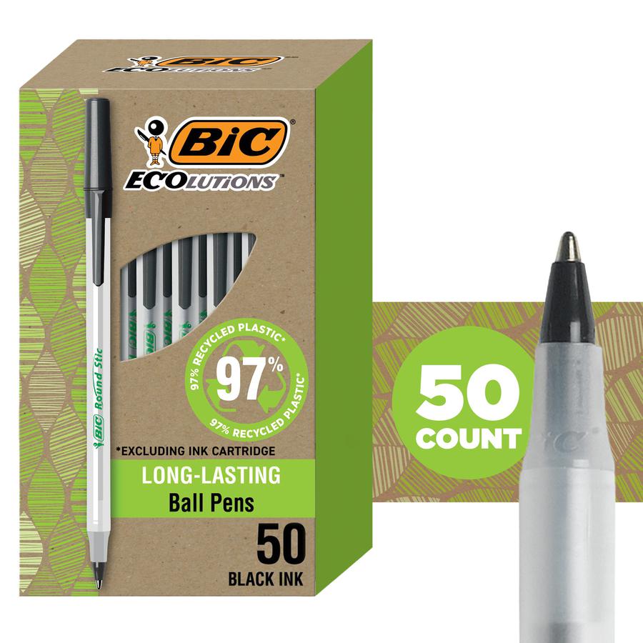 BIC Ecolutions Round Stic Ball Point Pen - Medium Pen Point - 1 mm Pen Point Size - Refillable - Black - Frost Polypropylene, Translucent Plastic Barrel - 10 / Pack. Picture 2