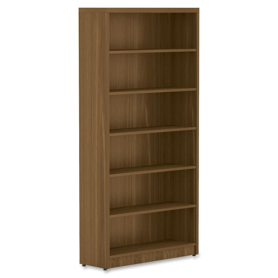 Lorell Chateau Series Bookshelf - 1.5" Top, 36" x 11.6"72.5" Bookshelf - 6 Shelve(s) - Reeded Edge - Material: P2 Particleboard - Finish: Walnut, Laminate - Durable, Sturdy - For Office, Book. Picture 4