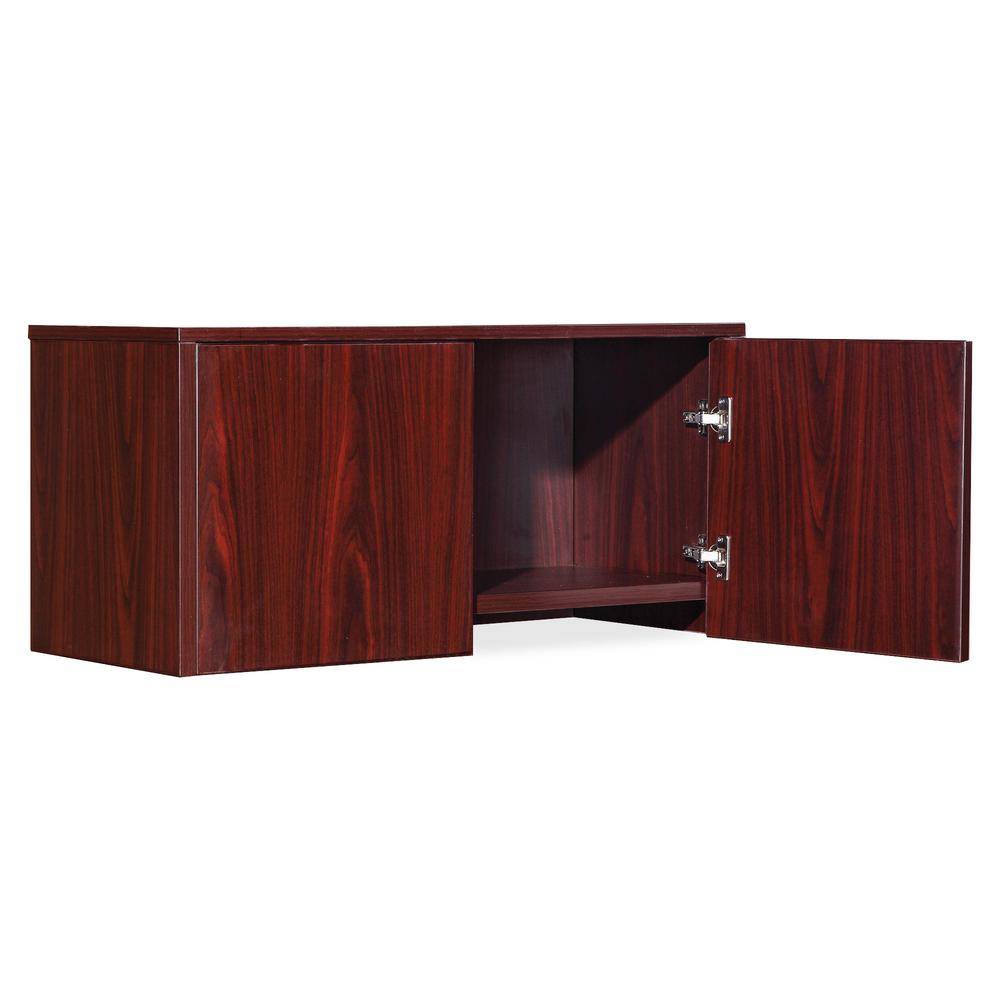 Lorell Essential Series Mahogany Wall Mount Hutch - 35.4" x 14.8" x 16.8"Hutch, 1" Side Panel, 0.6" Back Panel, 0.7" Panel, 1" Bottom Panel - Material: Polyvinyl Chloride (PVC) Edge - Finish: Mahogany. Picture 6