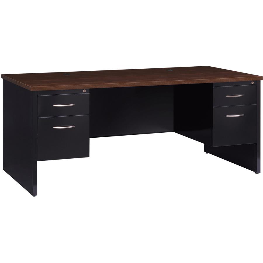 Lorell Fortress Modular Series Double-Pedestal Desk - 72" x 36" , 1.1" Top - 2 x Box, File Drawer(s) - Double Pedestal - Material: Steel - Finish: Walnut Laminate, Black - Scratch Resistant, Stain Res. Picture 12