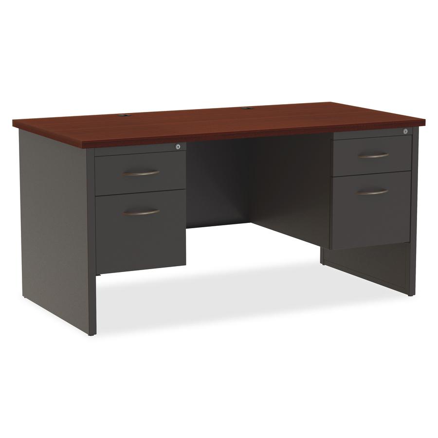 Lorell Mahogany Laminate/Charcoal Modular Desk Series Pedestal Desk - 2-Drawer - 60" x 30" , 1.1" Top - 2 x Box, File Drawer(s) - Double Pedestal - Material: Steel - Finish: Mahogany Laminate, Charcoa. Picture 9