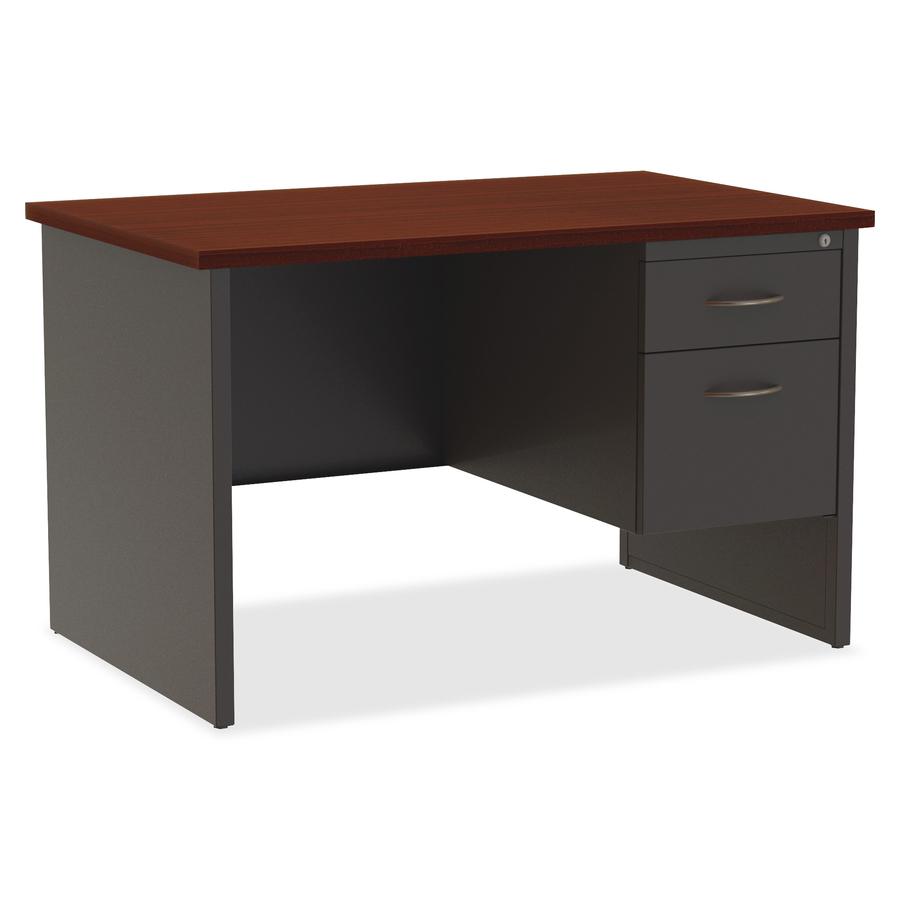 Lorell Fortress Modular Series Right-Pedestal Desk - 48" x 30" , 1.1" Top - 2 x Box, File Drawer(s) - Single Pedestal on Right Side - Material: Steel - Finish: Mahogany Laminate, Charcoal - Scratch Re. Picture 4