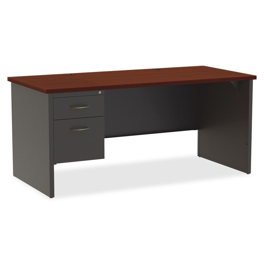 Lorell Mahogany Laminate/Charcoal Modular Desk Series Pedestal Desk - 2-Drawer - 66" x 30" , 1.1" Top - 2 x Box Drawer(s), File Drawer(s) - Single Pedestal on Left Side - Material: Steel - Finish: Mah. Picture 3