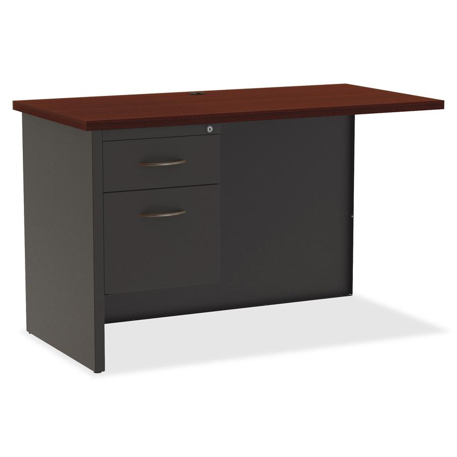 Lorell Mahogany Laminate/Charcoal Modular Desk Series - 2-Drawer - 48" x 24" , 1.1" Top - 2 x Box, File Drawer(s) - Single Pedestal on Left Side - Material: Steel - Finish: Mahogany Laminate, Charcoal. Picture 8